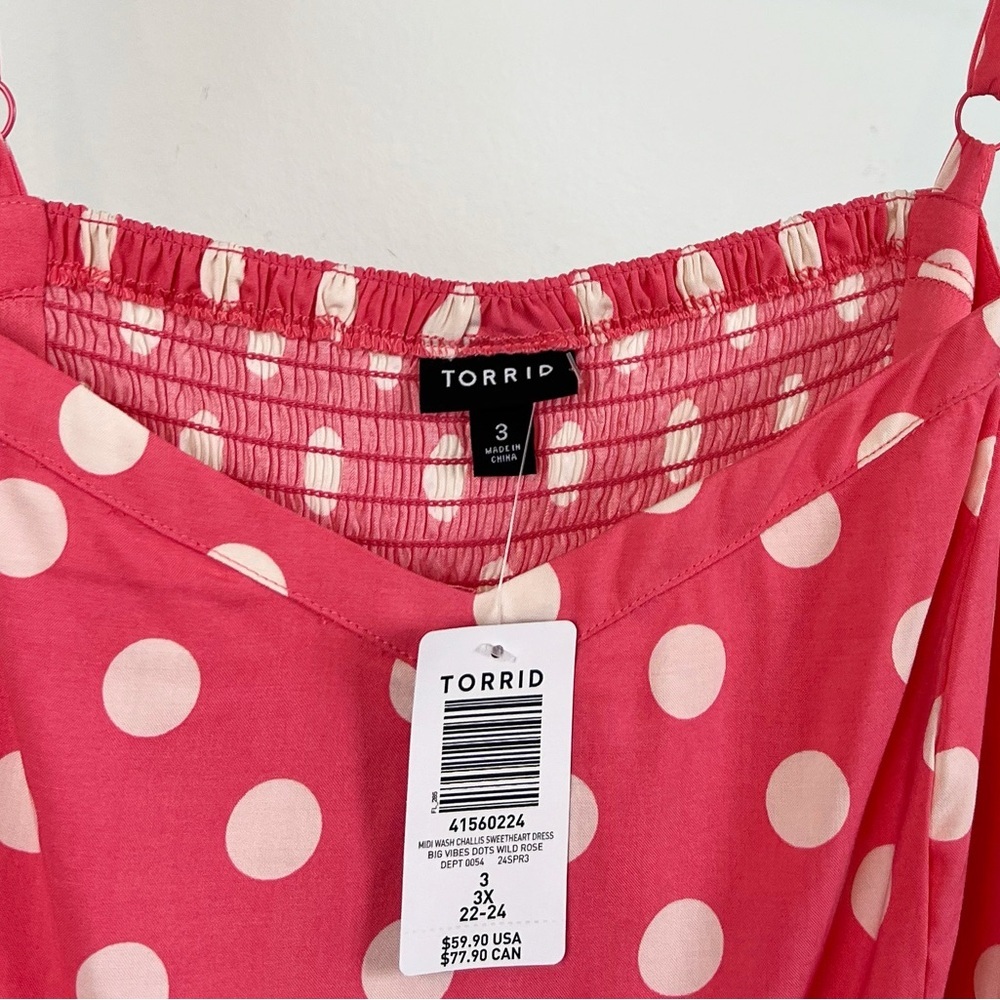 NWT Torrid Midi Challis Sweetheart Midi Dress— Pink & White Polka Dot Print - Picture 5 of 7
